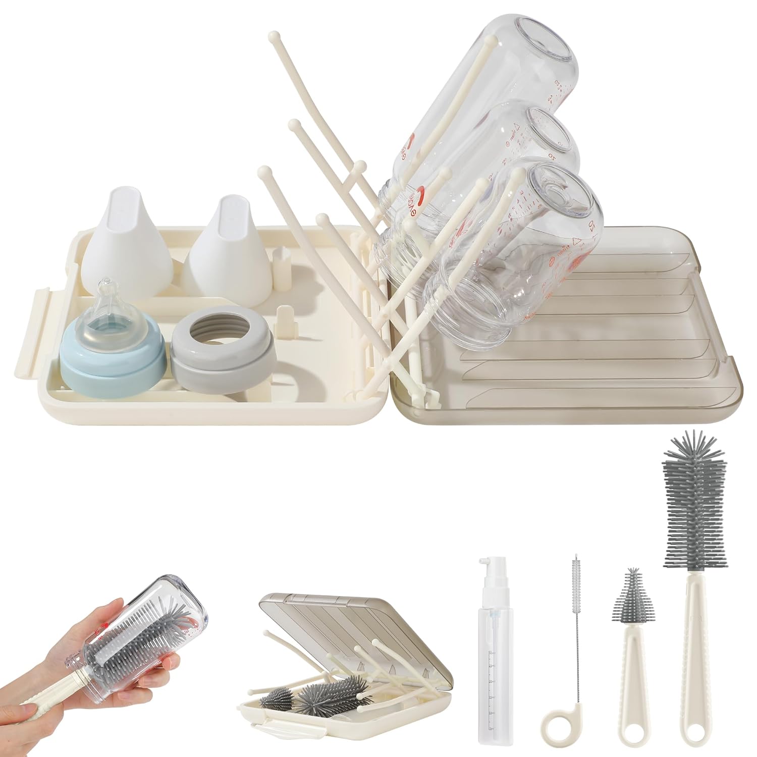 Read more about the article 6 in 1 Baby Bottle Brush Set,Bottle Cleaner Brush Kit with Silicone Bottle Brush,Drying Rack,Nipple Brush,Straw Brush,Soap Dispenser&Storage Box,Portable Baby Essentials for Home&Travel (White)