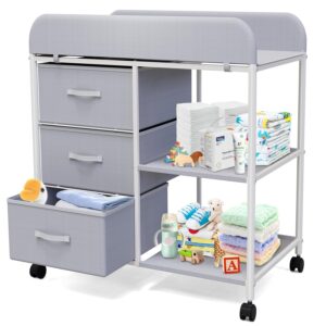 Read more about the article Baby Changing Table, Portable Changing Table, Diaper Changing Station with Waterproof Pad, Changing Table Dresser with 3 Storage Baskets, Mobile Nursery Organizer for Newborn Essentials