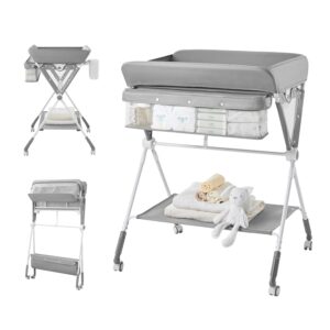 Read more about the article Baby Portable Diaper Changing Table, Foldable Changing Table for Baby with Wheels, Baby Diaper Changing Station with 3-Level Adjustable Height, Portable Changing Table with Large Organizers Grey