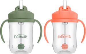 Read more about the article Dr. Brown’s Milestones, Baby’s First Straw Cup Sippy Cup with Straw, 6m+, 9oz/270ml, 2 Pack, Coral & Olive Green, BPA Free