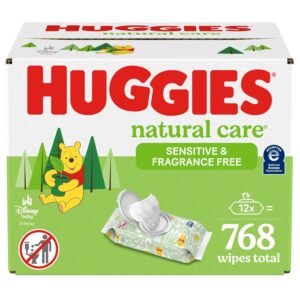 Read more about the article Huggies Natural Care Sensitive Baby Wipes, Unscented, Hypoallergenic, 99% Purified Water, 12 Flip-Top Packs (768 Wipes Total), Packaging May Vary