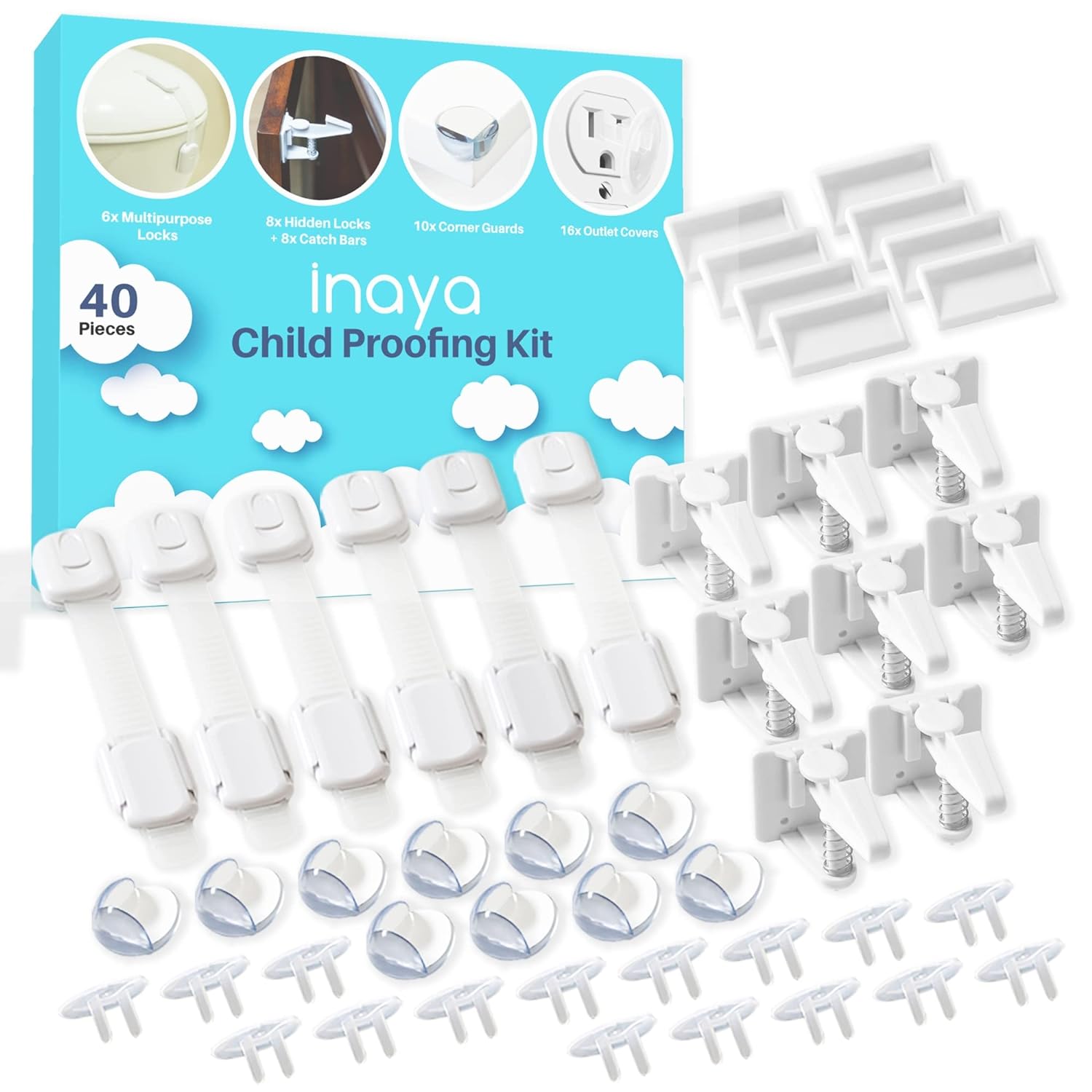 Read more about the article Inaya Complete Baby Proofing Kit – Child Safety Hidden Locks for Cabinets & Drawers, Adjustable Safety Latches, Corner Guards and Outlet Covers – Baby Proof Pack to Keep Your Child Safe at Home