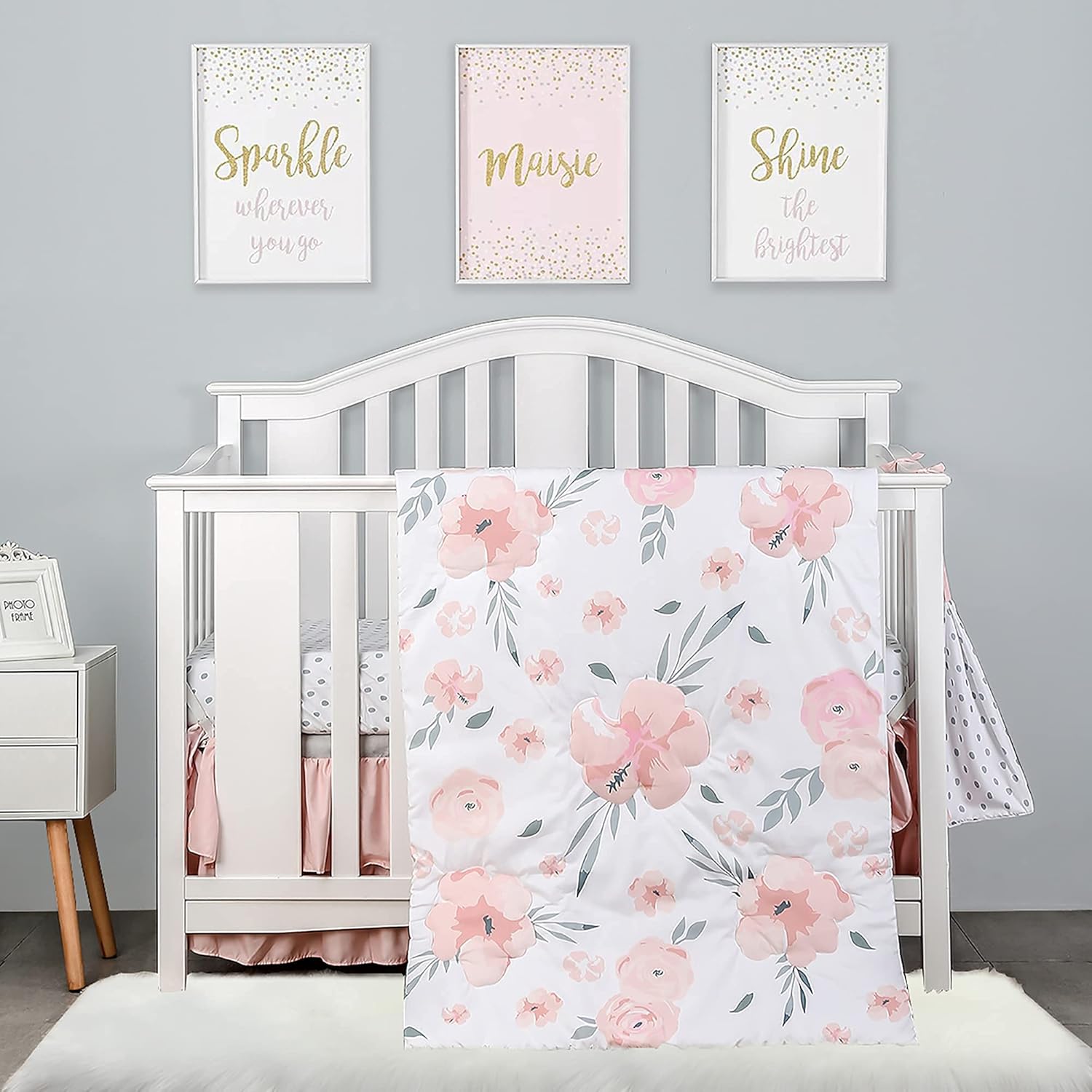 Read more about the article PINNKKU 4-Piece Crib Bedding Set for Boy Girls, Includes Crib Skirt, Blanket, Crib Sheet & Diaper Bag, Crib Baby Bedding, Floral, Standard Crib Size