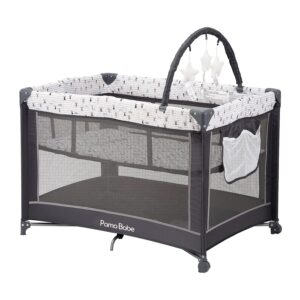 Read more about the article Pamo Babe Portable Playard,Sturdy Play Yard with Padded Mat and Toy bar with Soft Toys (Grey)