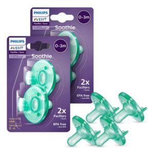 Read more about the article Philips Avent Soothie Orthodontic Baby Pacifiers, 100% Silicone Pacifiers, One Piece, BPA-Free, for Babies 0-3 Months, Green, 4 Pack, Model SCF190/41