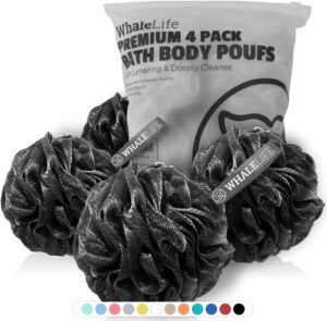 Read more about the article Shower Puff 4 Pack Black Bath Sponge Shower Loofahs Pouf Ball Nature Bamboo Charcoal Mesh Bulk Puffs Large, Shower Essential Skin Care by WhaleLife