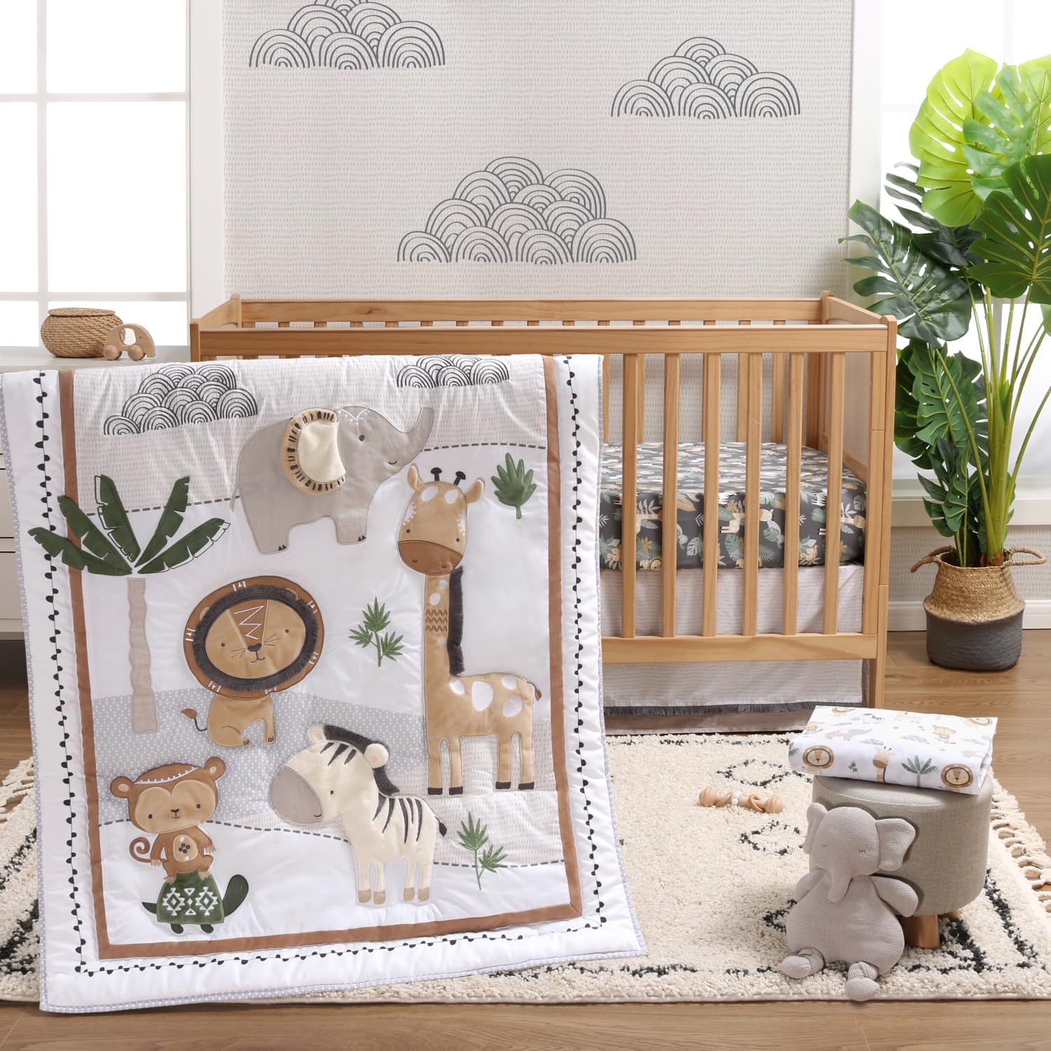 Read more about the article The Peanutshell Safari Crib Bedding Set for Boys or Girls, 4pc Organic Cotton Crib Comforter Set, Elephant Giraffe Monkey Zebra Nursery Decor, Neutral Grey, White, Tan, Green