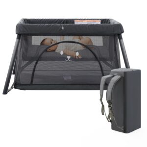 Read more about the article Travel Crib,3 in 1 Portable Crib for Baby, Lightweight Pack and Play for Babies and Toddler, Foldable Travel Baby Playpen with Comfortable Mattress and Carry Bag(Dark Grey)