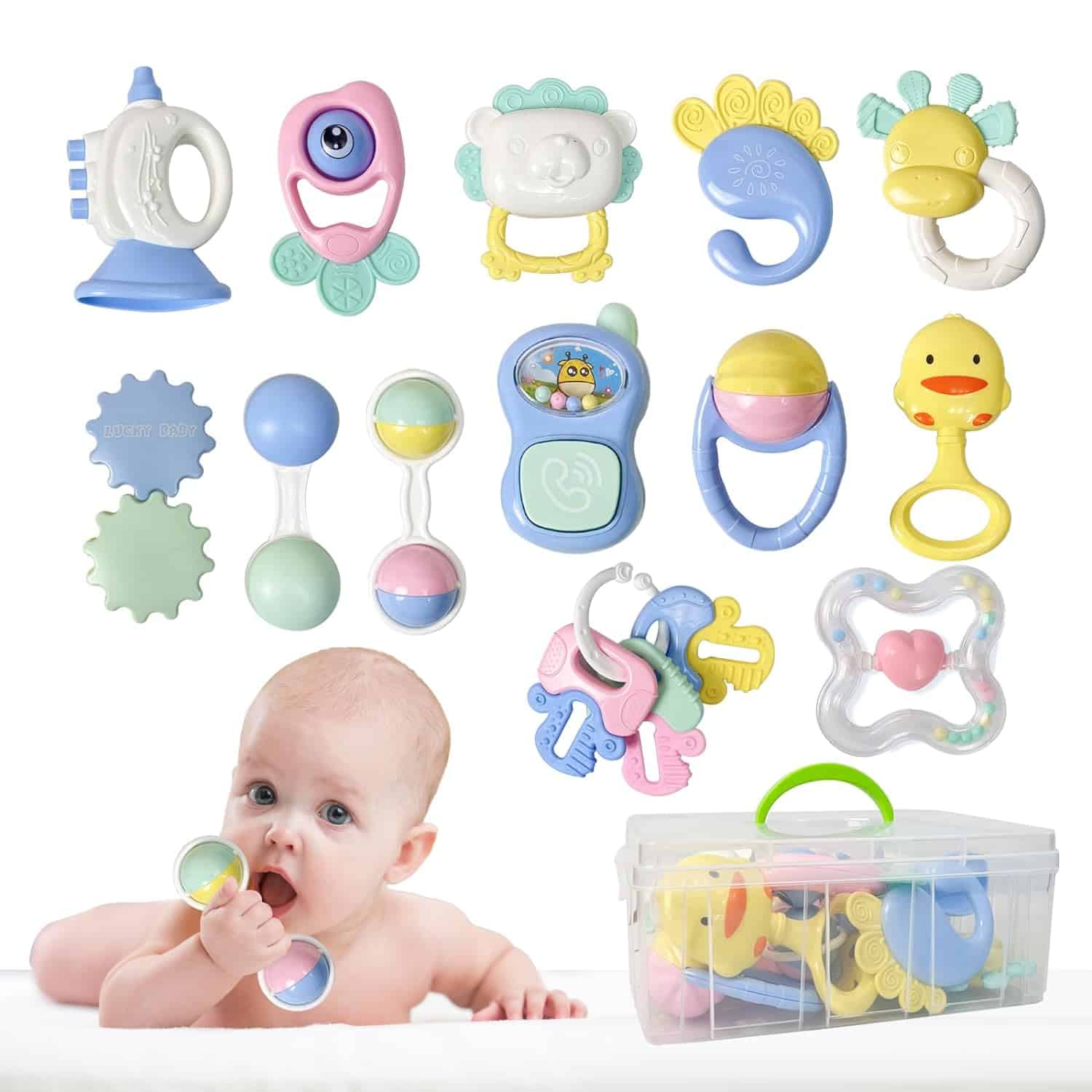 Read more about the article 13PCS Baby Rattles 0-6 Months, Baby Teething Toys with Storage Case, Infant Toys 0-3-6-12 Months, Baby Girl Toys, Best Newborn Present for Babies Boy Girl