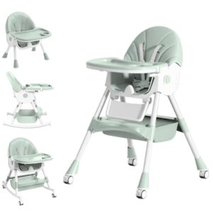 Read more about the article Baby High Chair, 5 in 1 High Chairs for Babies and Toddlers, Travel Foldable High Chair with Foot Rest, Detachable PU Cushion, Double Removable Tray, Adjustable Height & Recline, Locking Wheels