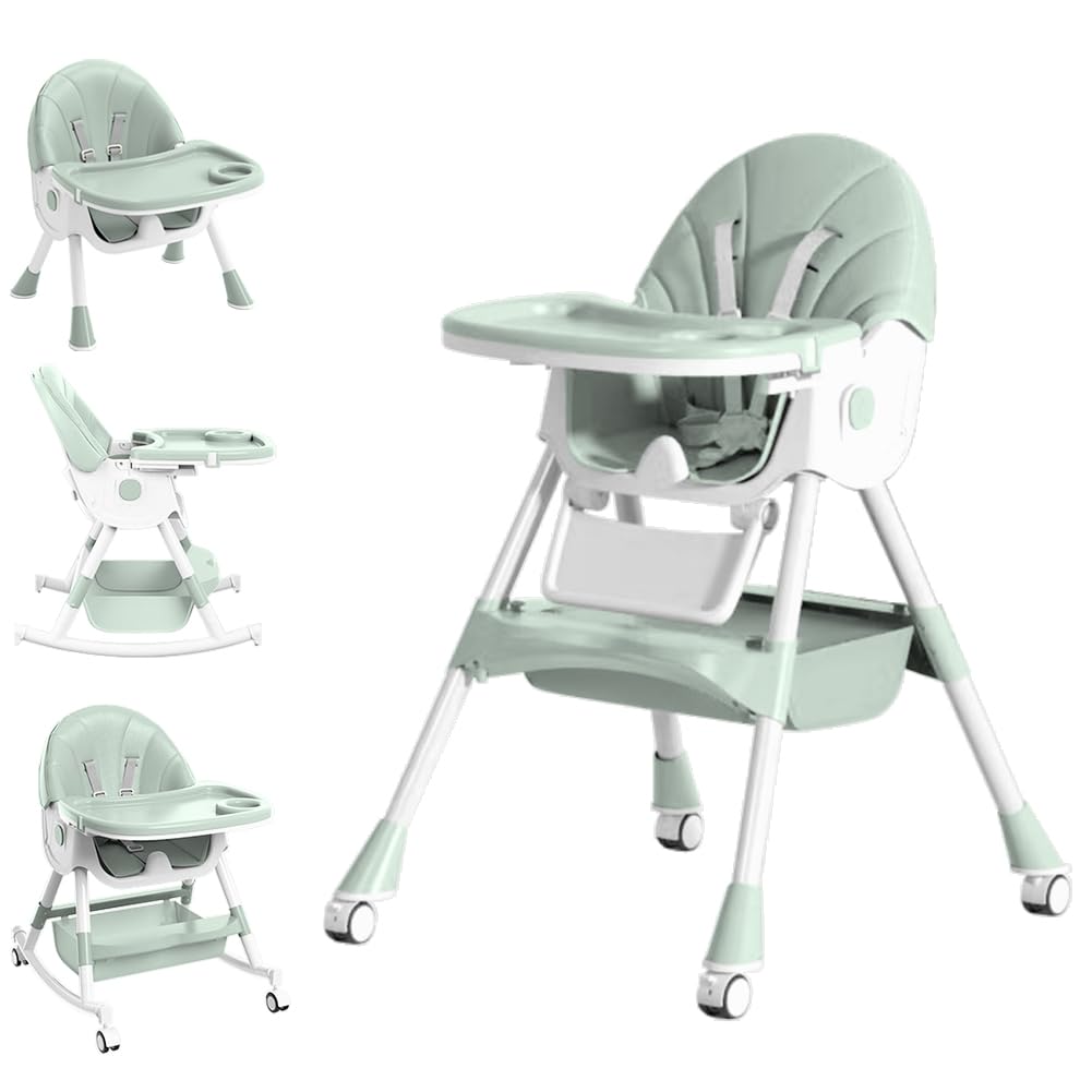 You are currently viewing Baby High Chair, 5 in 1 High Chairs for Babies and Toddlers, Travel Foldable High Chair with Foot Rest, Detachable PU Cushion, Double Removable Tray, Adjustable Height & Recline, Locking Wheels