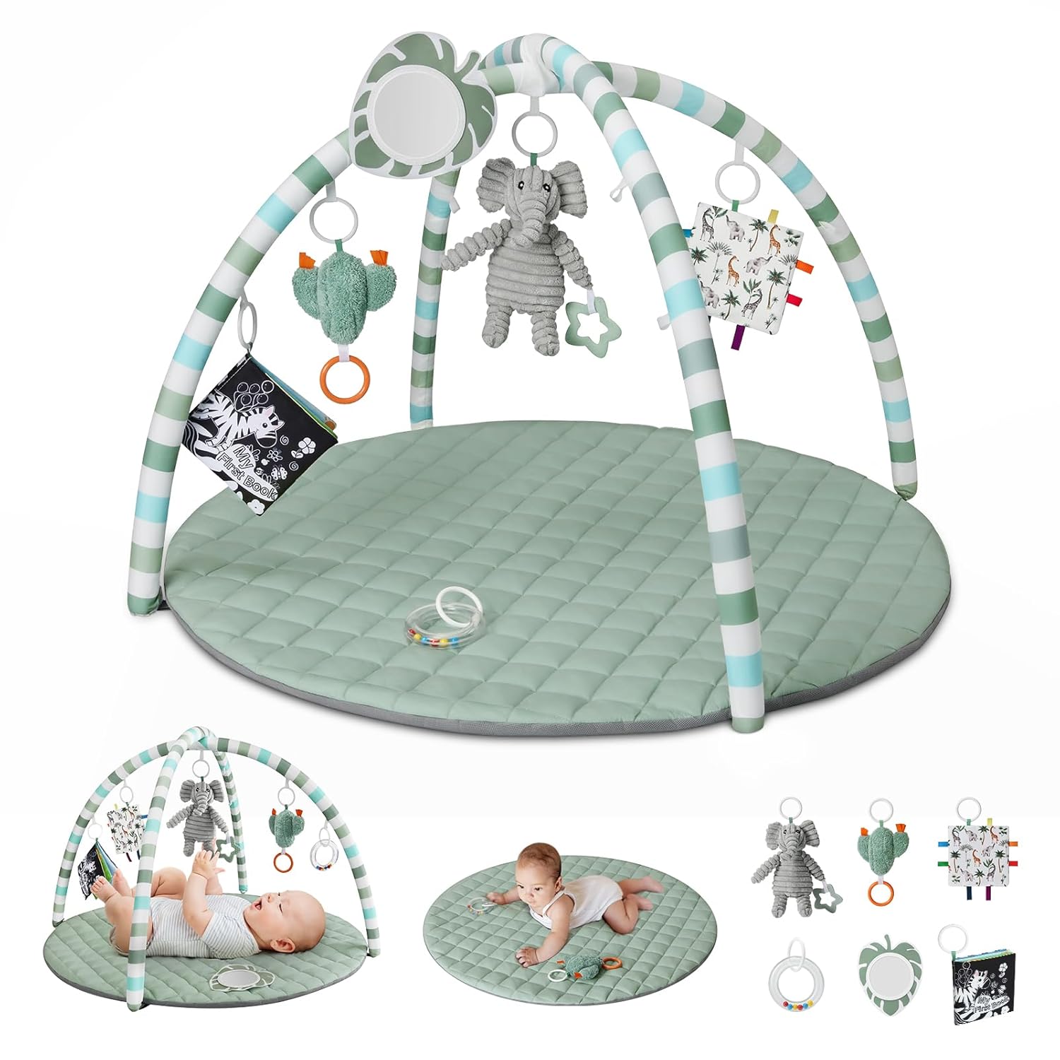 Read more about the article Blissful Diary Baby Play Gym Mat, Tummy Time Mat with 6 Detachable Toys for Stage-Based Sensory & Motor Skill Development, Baby Activity Mat Easy to Install & Clean, Baby Essentials Gift, Sage Green