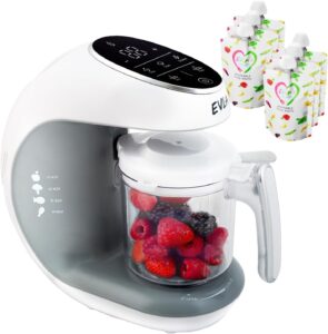 Read more about the article EVLA’S Baby Food Maker, Steamer, Blender, Baby Food Processor for Healthy Homemade Baby Food in Minutes, Touch Screen with 6 Reusable Food Pouches, Baby Registry Essential, White