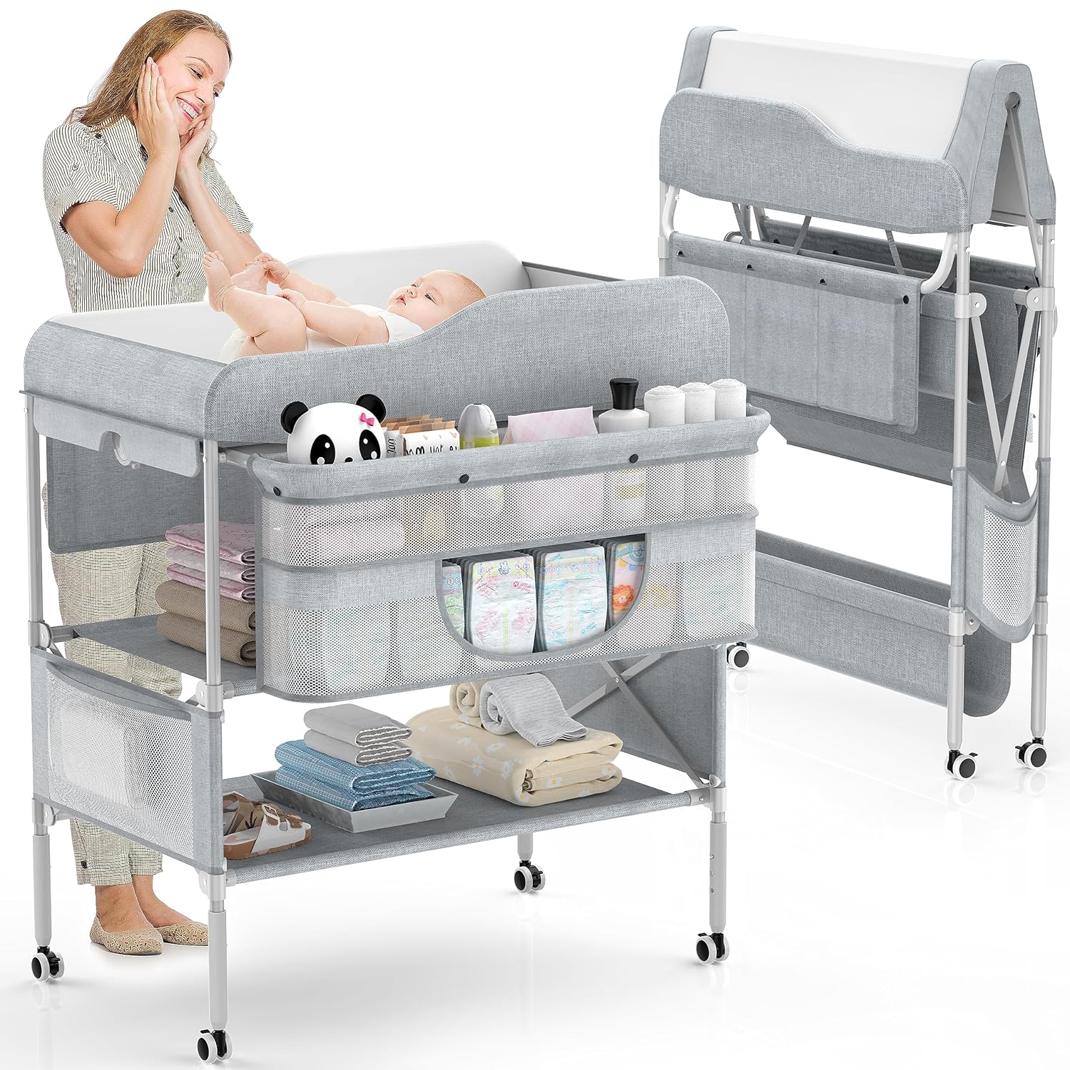 Read more about the article Portable Baby Changing Table, Foldable Changing Table Dresser Baby Changing Station, Height Adjustable Waterproof Diaper Changing Table Pad Topper, Newborn Nursery Organizer