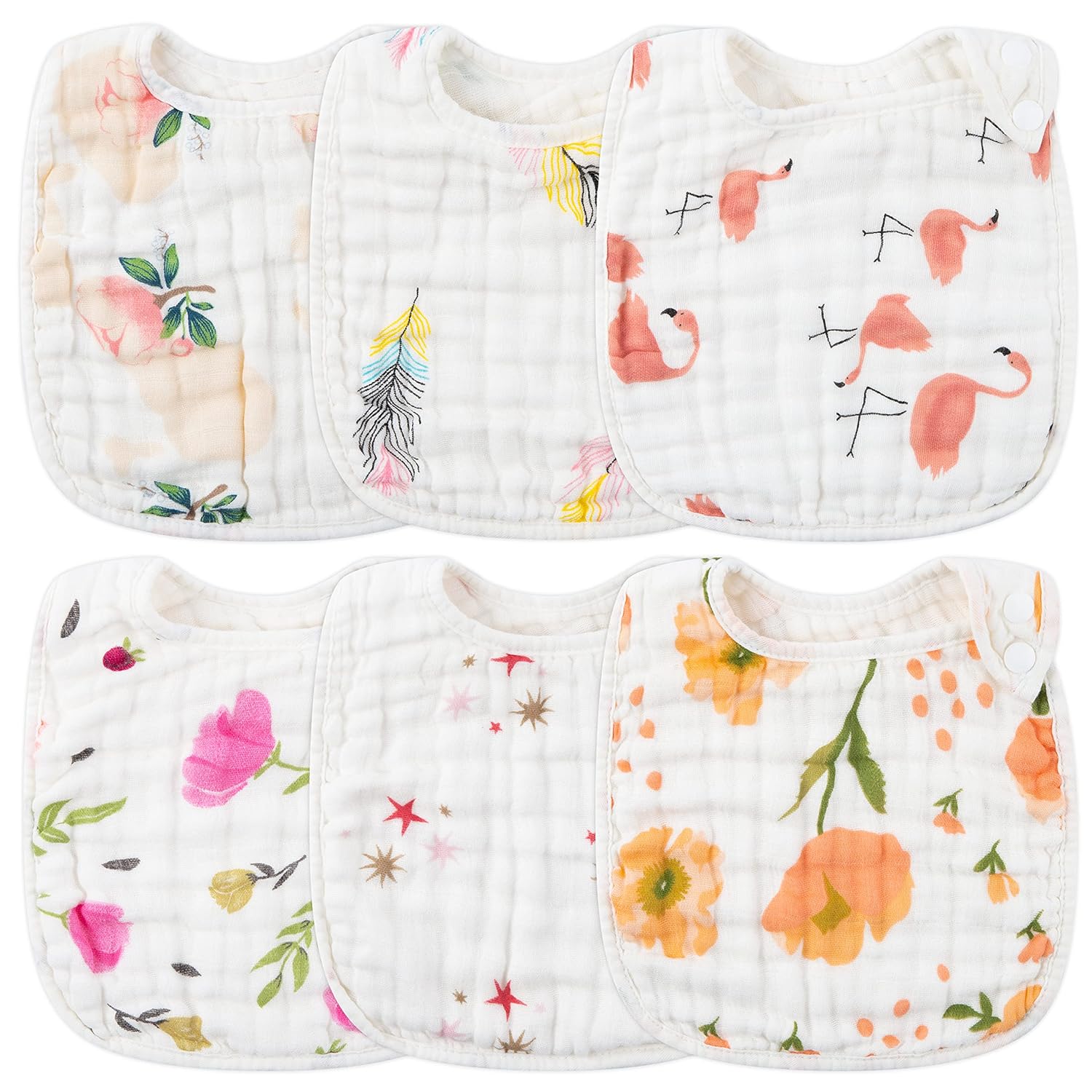 Read more about the article Zainpe 6Pcs Snap Muslin Cotton Bibs for Baby Flamingo Star Flower, Machine Washable Adjustable Burp Cloths with 6 Absorbent Soft Layers for Infant Newborn Toddler Drooling Feeding and Teething