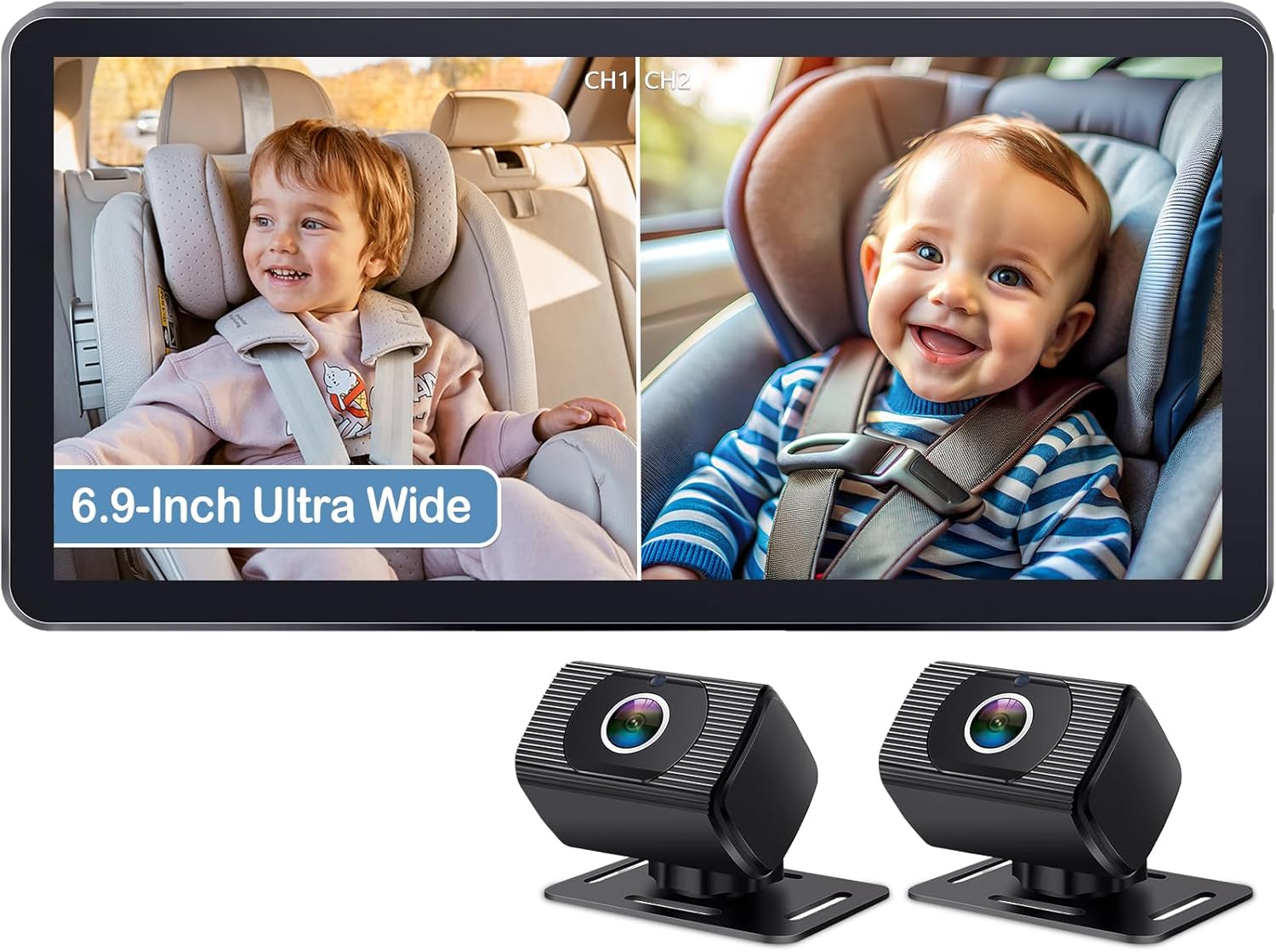 Read more about the article 2-Kids Baby Car Camera for Seat: 6.9 Inch Ultrawide Display with Two Cameras Rear Facing – USB Powered Backseat Camera HD 1080P Easy to Install