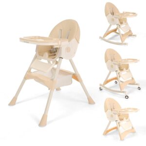 Read more about the article 4 in1 Foldable Baby High Chair with Removable Tray, Safety Belt, Footrest and Wheels, Convertible Toddler High Chair, Beige