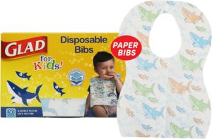 Read more about the article Glad for Kids Shark Disposable Paper Bibs with Crumb Catcher for Feeding – Absorbent and Leakproof Eating and Travel Essentials for Mess-Free Meals, 30 Count