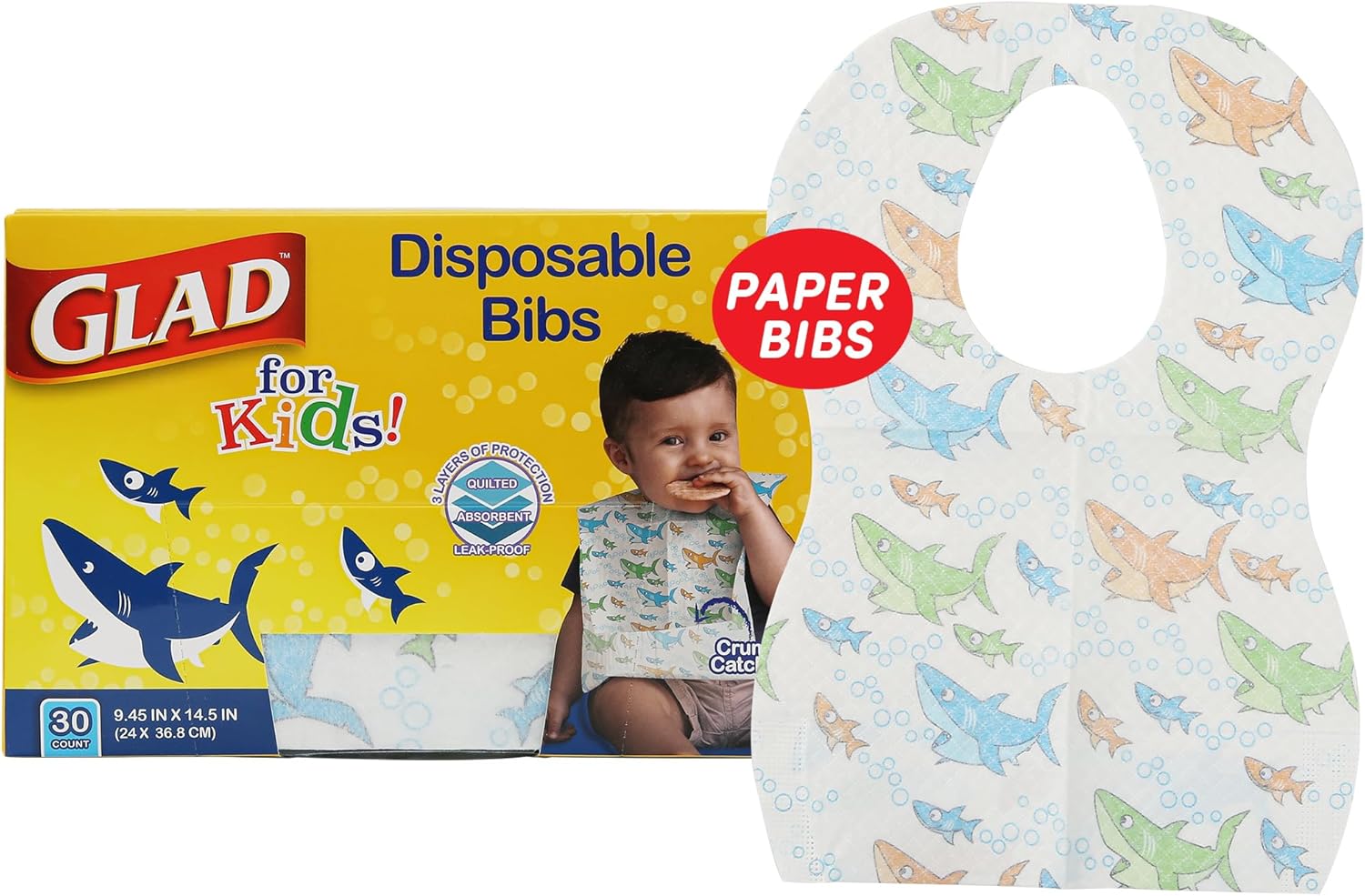 Read more about the article Glad for Kids Shark Disposable Paper Bibs with Crumb Catcher for Feeding – Absorbent and Leakproof Eating and Travel Essentials for Mess-Free Meals, 30 Count