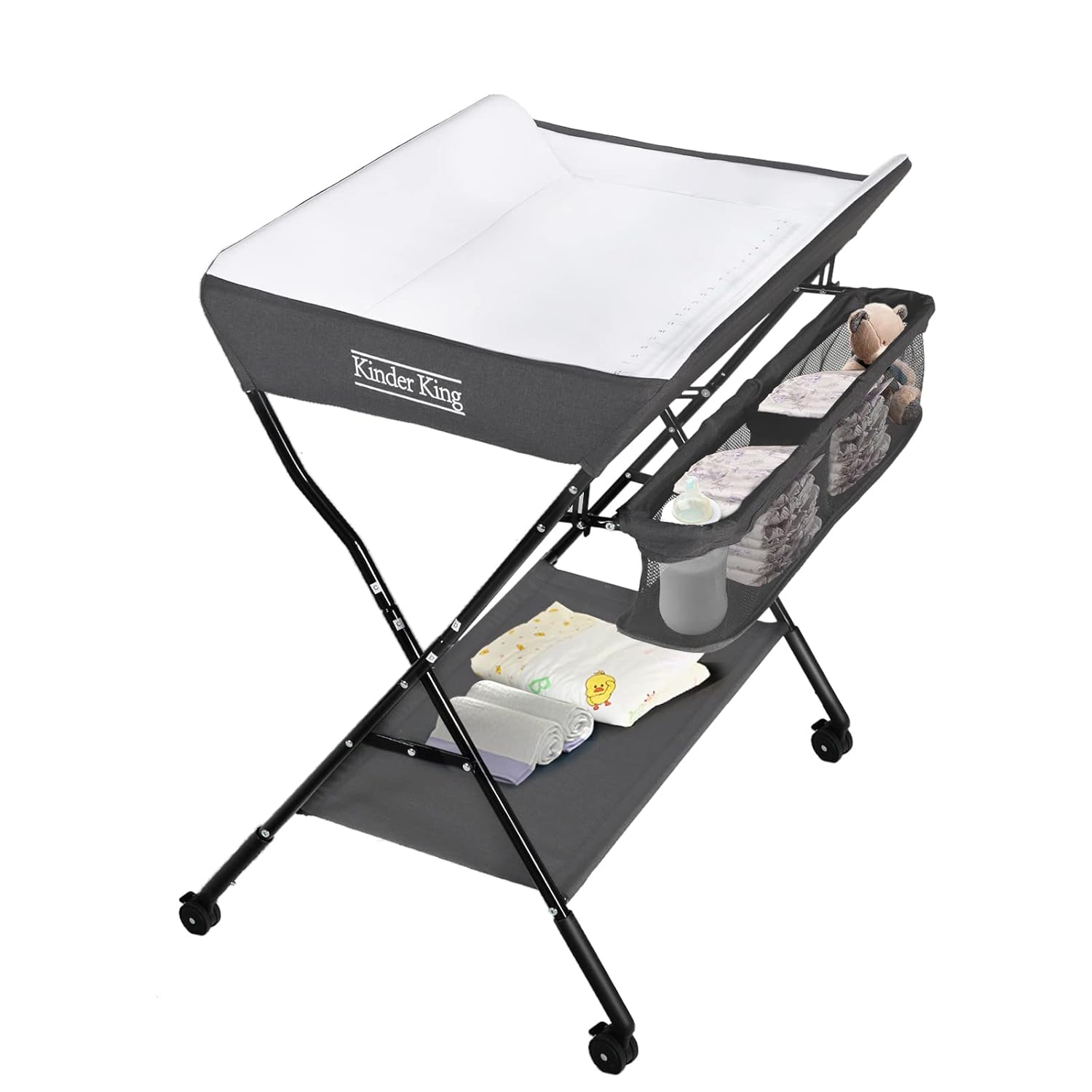 You are currently viewing Kinder King Portable Baby Changing Table w/Wheels, Adjustable Height Folding Infant Diaper Station, Mobile Newborn Nursery Organizer, Large Storage Rack, Grey