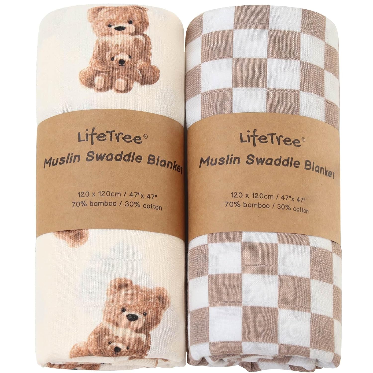 Read more about the article LifeTree Muslin Swaddle Blankets Neutral, Baby Swaddling Wrap Nursery Blanket for Boys & Girls Unisex, Soft 70% Viscose from Bamboo and 30% Cotton, Large 47 x 47 inches, Bear & Checkered Coffee