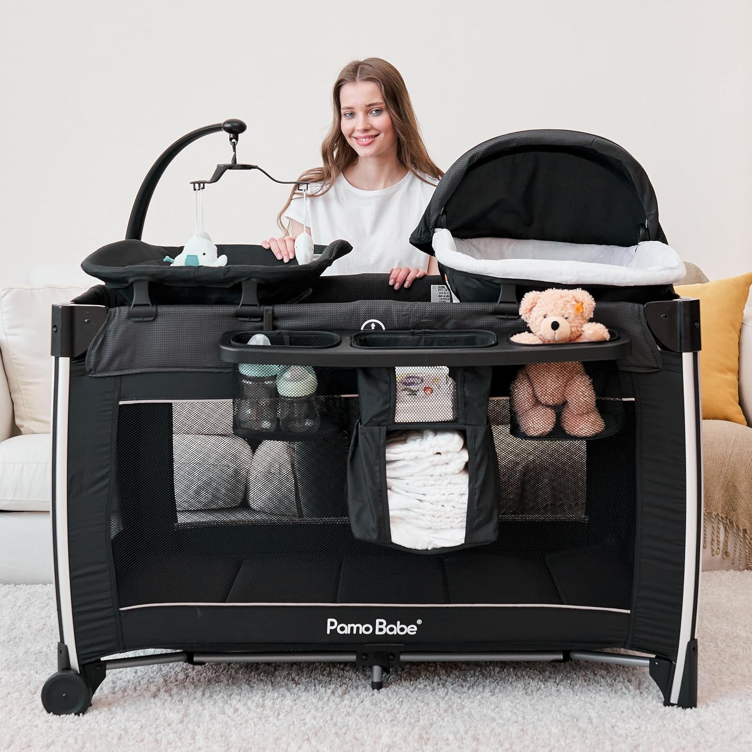 Read more about the article Pamo Babe 4 in 1 Portable Baby Playard Deluxe Nursery Center, Aluminium Legged Playard with Bassinet (Black)