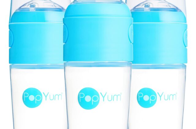 PopYum 9 oz Blue Anti-Colic Formula Making/Mixing/Dispenser Baby Bottles, 3-Pack with #2 Medium Flow Nipples, 260 ml, BPA-Free, Natural Latch