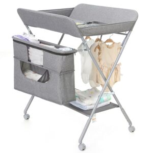 Read more about the article Portable Baby Changing Station with Adjustable Height – Foldable Diaper Table with Wheels,Waterproof Pad, Safety Belt & Large Storage Racks, Ideal for Newborn and Infants (Light Grey)