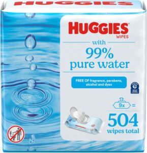 Read more about the article Huggies 99% Pure Water Baby Wipes, Unscented, 9 flip-top packs (3 Packs of 3), 504 Wipes Total, Packaging May Vary