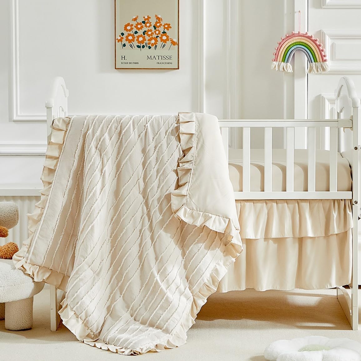 You are currently viewing 3 Pieces Tufted Stripes Crib Bedding Set with Ruffle Fringe, Beige Ruffled Comforter with Fitted Sheet and Bed Skirt, Soft and Embroidery Shabby Chic Boho Bohemian Jacquard Design for Baby Girls Boys