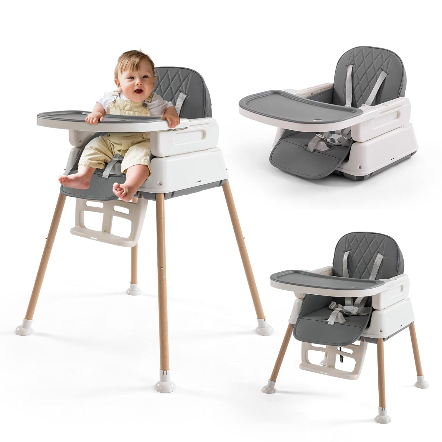 You are currently viewing 3-in-1 Convertible Baby High Chair with Adjustable Feeding Tray, 5 Point Harness, Footrest – Portable, Gray