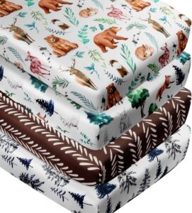 Read more about the article 4 Pack Woodland Forest Animals Wood Neutral Unisex Fitted Baby Crib Sheets Set for Baby Boys or Girls