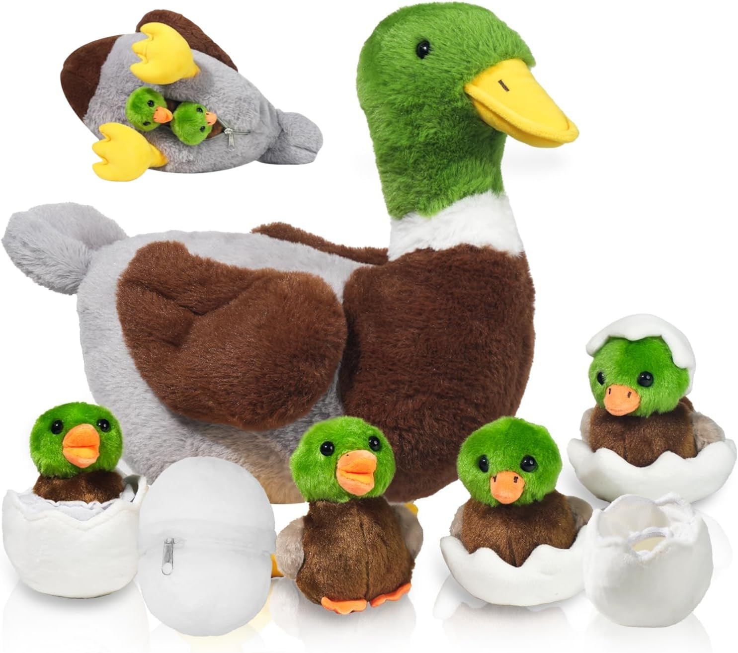 Read more about the article 7 in 1 Mallard Duck Stuffed Animals Plush Duck Toys, Zipper Mommy Stuffed Duck Plush with 4 Baby Ducklings Toy and Eggs Duck Plushie for Kids Birthday Valentines Surprise Gifts Farm Party Decors