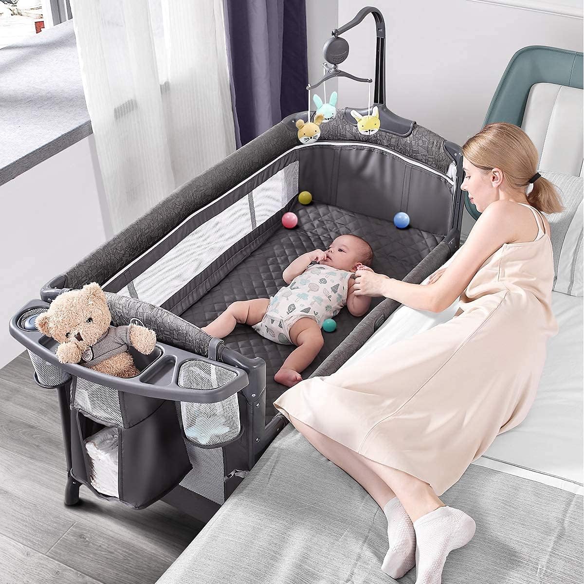 You are currently viewing ADOVEL Baby Bassinet Bedside Crib, Pack and Play with Mattress, Diaper Changer and Playards from Newborn to Toddles, Grey