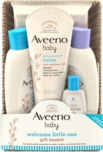 Read more about the article Aveeno Baby Welcome Little One Gift Basket, Baby Skincare Set with Nourishing Baby Body Wash & Shampoo, Calming Bath Wash, All Over Baby Wipes, & Daily Moisturizing Lotion, 5 Items