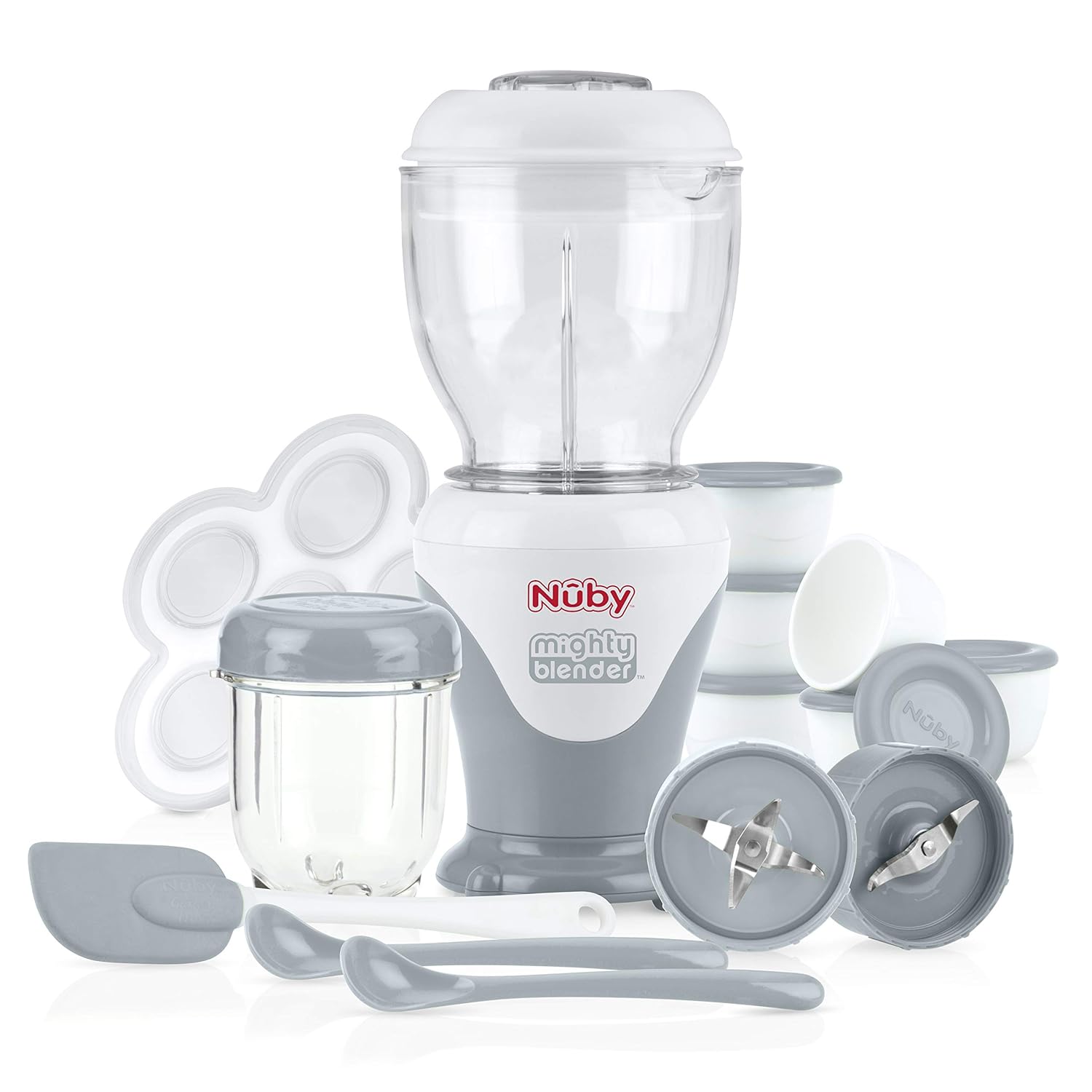 Read more about the article Nuby Mighty Blender with Cookbook – 22-Piece Baby Food Maker Set for Different Baby Weaning Stages – Cool Gray Design