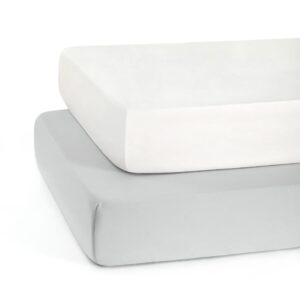 Read more about the article TILLYOU Baby Crib Sheets for Boys Girls, Fitted Crib Sheet 2 Pack for Standard Crib and Toddler Mattresses, Super Soft Toddler Bed Sheets, 28″x52″x8″, White & Gray