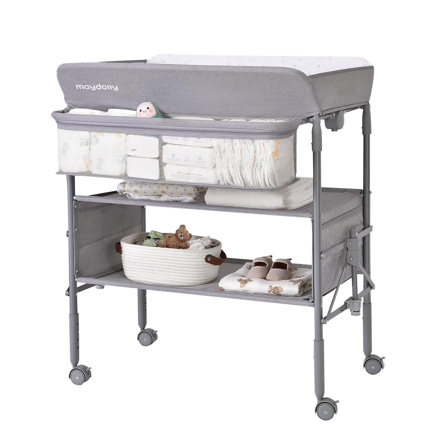 You are currently viewing Baby Changing Table with Wheels, Maydolly Portable Foldable Changing Table, Waterproof Diaper Changing Station, Adjustable Height Changing Station, Mobile Nursery for Newborn and Infant (Grey)