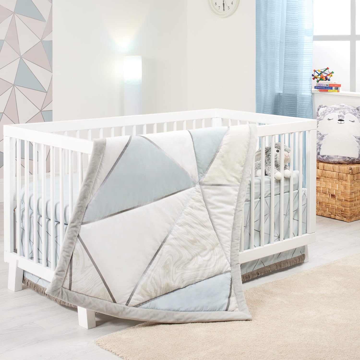 Read more about the article Crib Bedding Set for Boys | 4-Piece Baby Nursery Bedding Crib Set | Geometric Patterns, Shiny Silver, Baby Blue & Marble Prints | Precious Collection