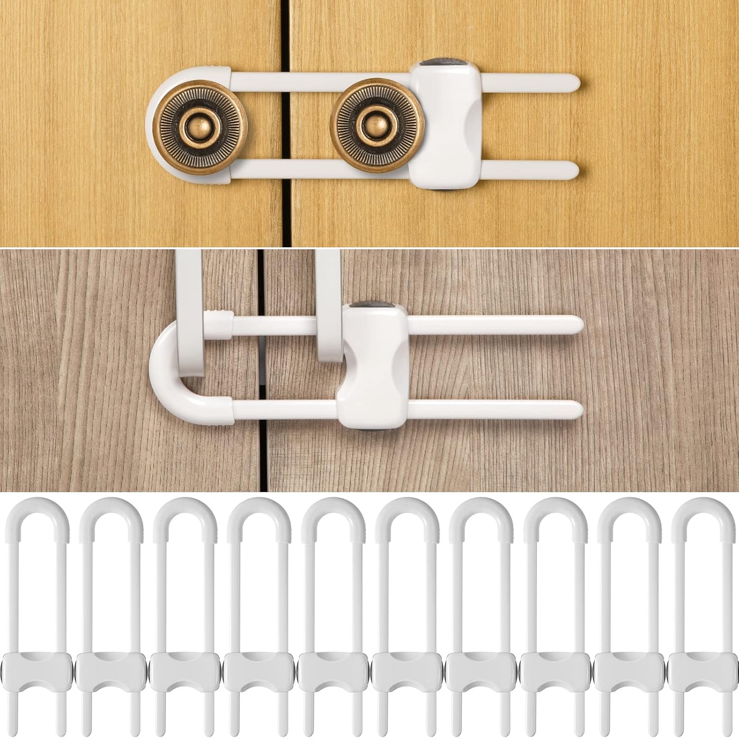 Read more about the article Jetec 10 Pieces Cabinet Locks for Babies, U-Shaped Proofing Drawers Safety Child Locks Adjustable, Easy to Use Childproof Latch for Knob Handle on Kitchen Door Storage Cupboard Closet (White)