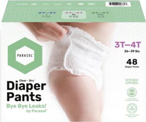 Read more about the article Parasol Clear+Dry Natural Training Diaper Pants, Pure Ingredients, Water Based Ink, Non-Woven Fabric with Dermatest Excellent Seal, Rash Protection, Size 5 (26+ lbs), 48 Count