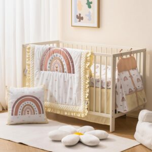 Read more about the article ROBUD 5-Piece Crib Bedding Set for Boy Girls, Nursery Bedding Standard Size with Boho Quilt, Crib Sheet, Crib Skirt, Pillowcase and Diaper Bag (Beige Rainbow)