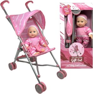 Read more about the article Baby Doll and Stroller Set – 12″ Baby Doll with Pacifier Gift Set – Pink Fabric Baby Stroller Toy for Kids – Foldable Play Stroller for Dolls with Canopy – Baby Doll Stroller for Toddlers, Girls