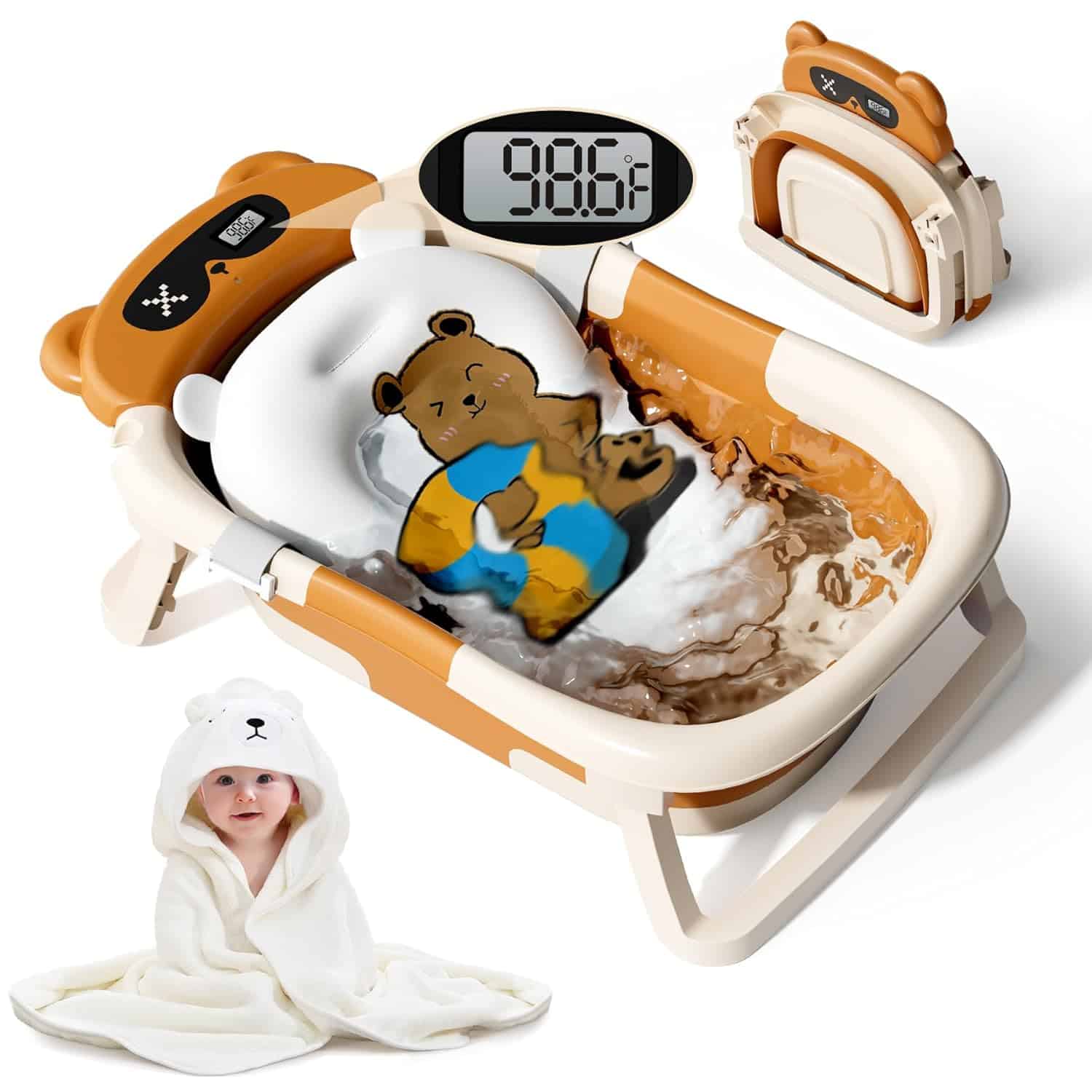 Read more about the article Collapsible Baby Bathtub for Newborn to Toddler (0-18 M) – Portable Baby Bath Tub with Thermometer, Infant Bathtub with Soft Towel and Floating Cushion (Brown)