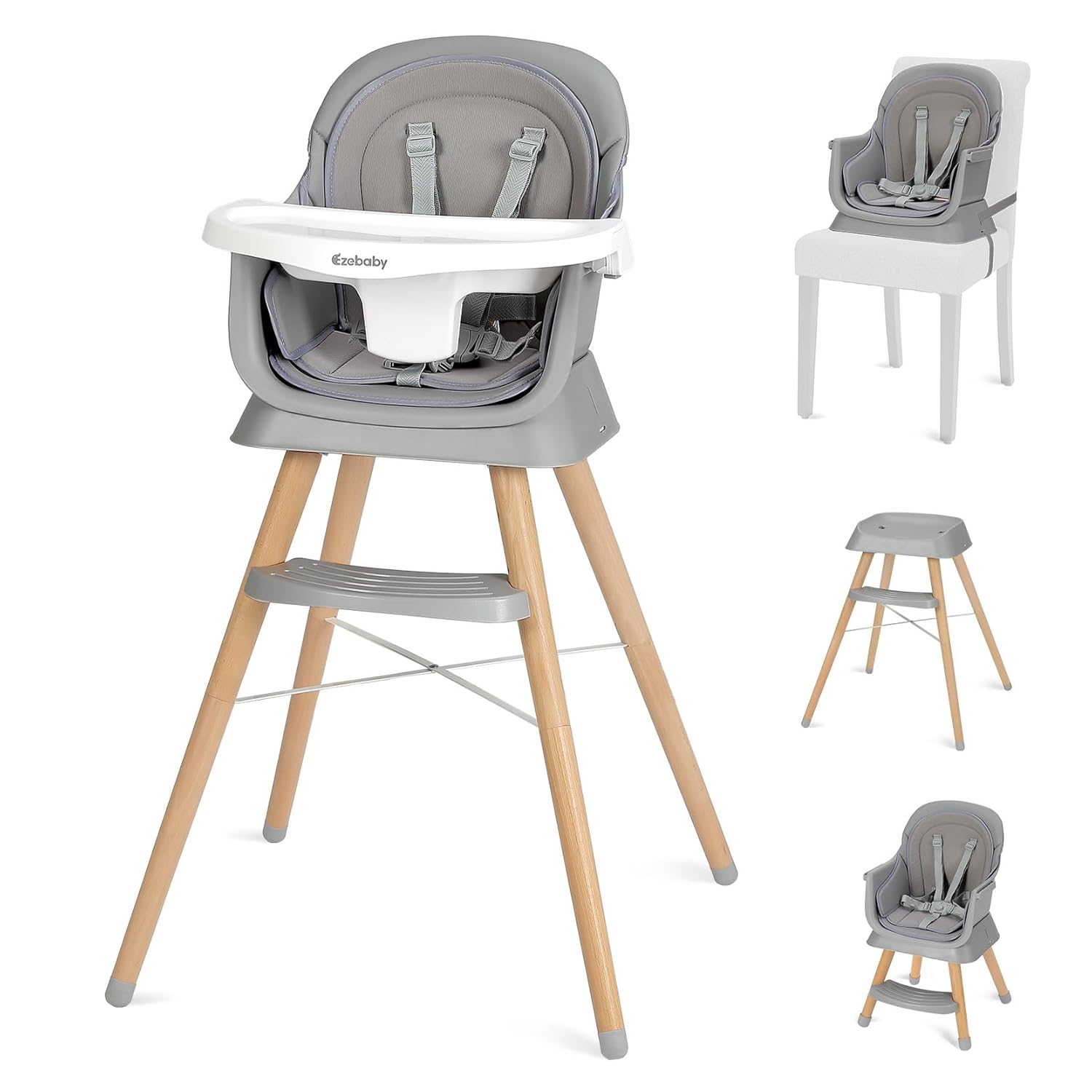Read more about the article Ezebaby Portable Baby High Chair, High Chairs for Babies and Toddlers with Adjustable Legs, 6-in-1 Convertible to Booster Seat for Dining Table, Toddlers High Chair with Double Cushions – Grey