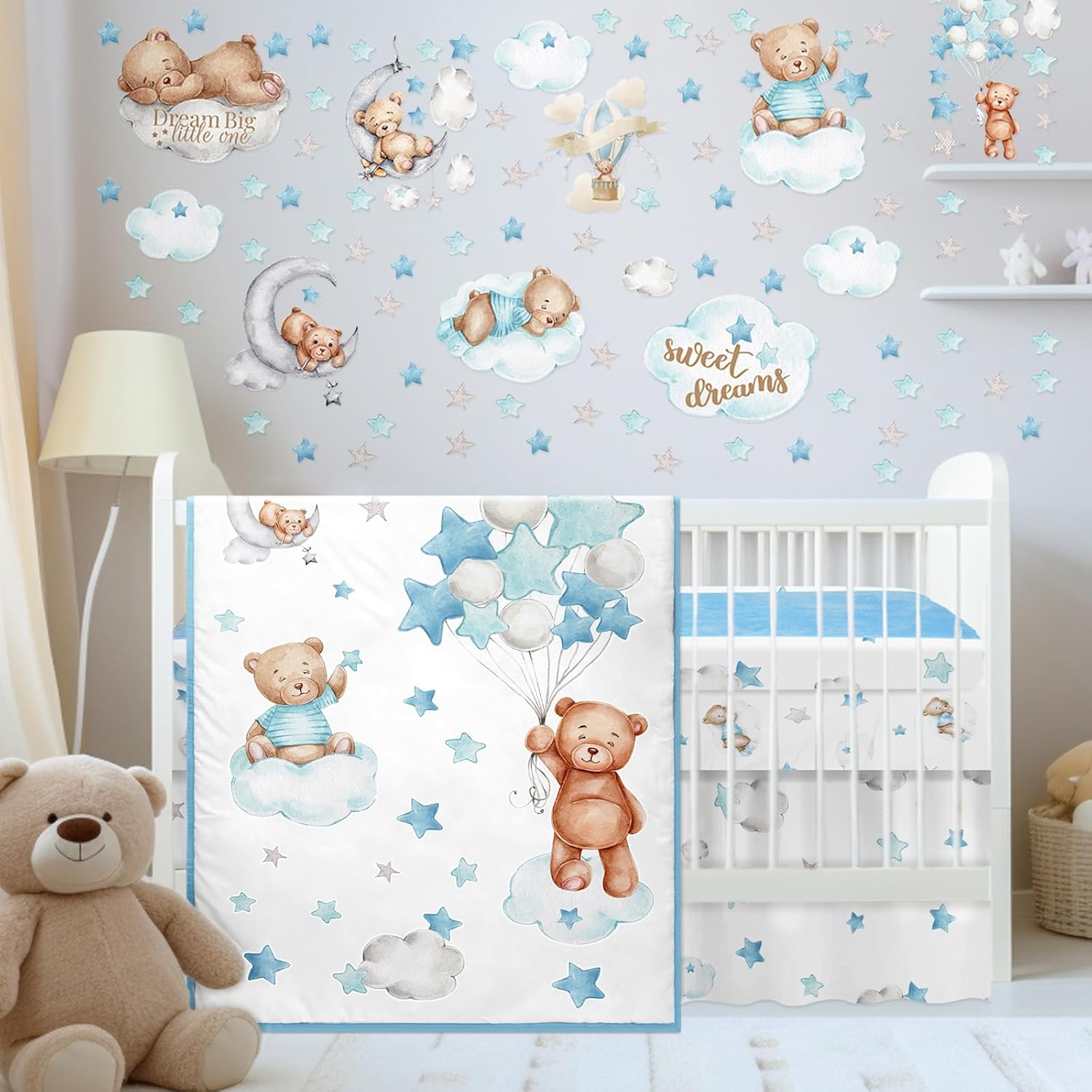 Read more about the article Mixweer 5 Pcs Crib Bedding Set for Toddlers Include Cloud Balloon Bear Theme Crib Sheets, Skirt, Comforter, Pad Cover, Wall Stickers for Boys or Girls Nursery Bedding Sets(Blue)