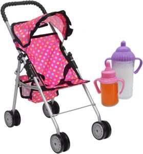 Read more about the article fash n kolor – My First Baby Doll Stroller – Pink Polka Dot Doll Stroller with Basket- Soft Grib Handle. Foldable with Hood Toy Doll Pram Baby Doll Accessories. With 2 Free Bonus Doll Bottles Included