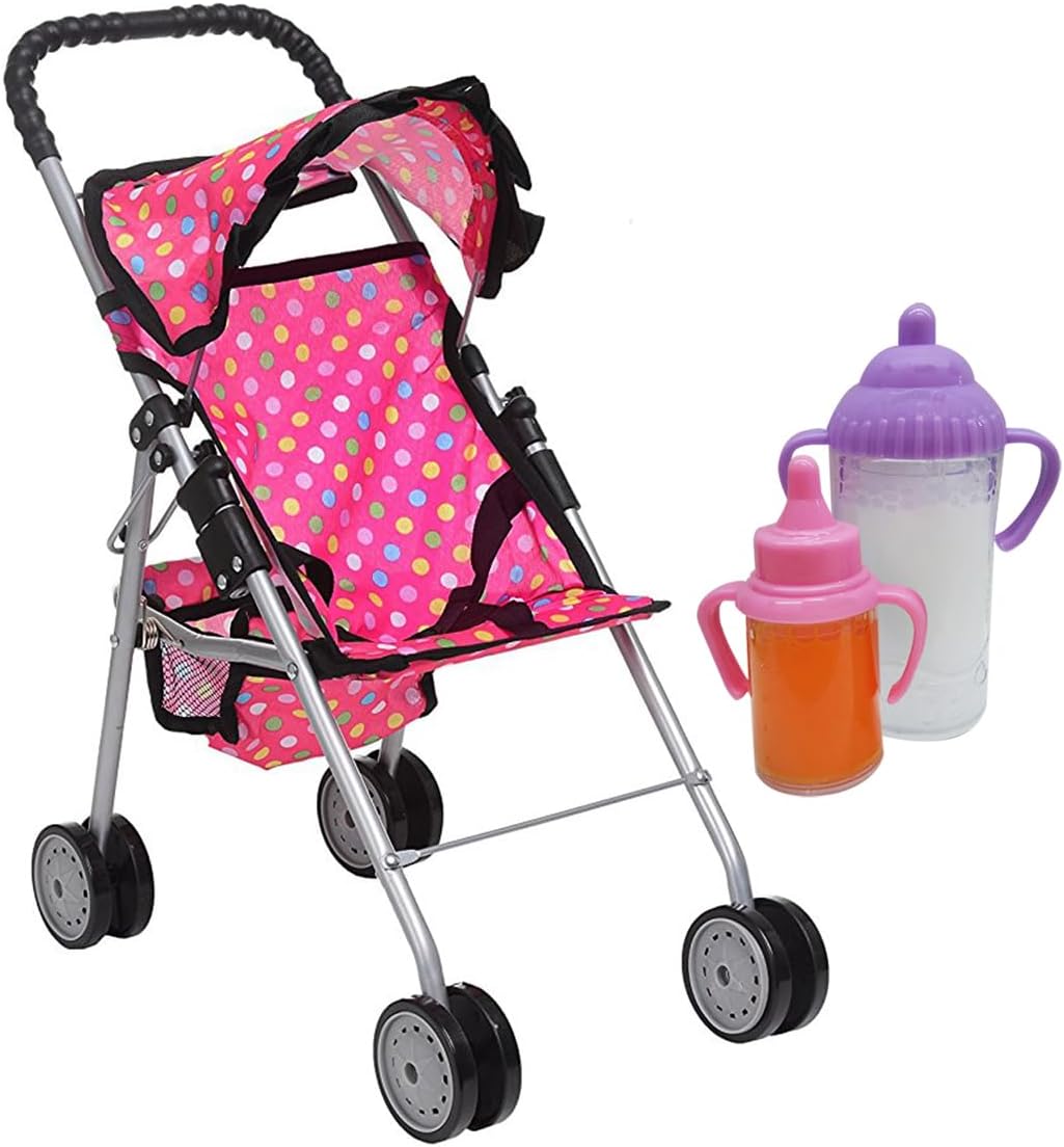 Read more about the article fash n kolor – My First Baby Doll Stroller – Pink Polka Dot Doll Stroller with Basket- Soft Grib Handle. Foldable with Hood Toy Doll Pram Baby Doll Accessories. With 2 Free Bonus Doll Bottles Included