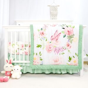 Read more about the article 4-Piece Crib Bedding Set, Baby Girl Crib Bedding Set Butterflies Floral Nursery Bedding Set Includes Comforter, Fitted Crib Sheet, Crib Skirt, and Diaper Stacker, Green & Pink