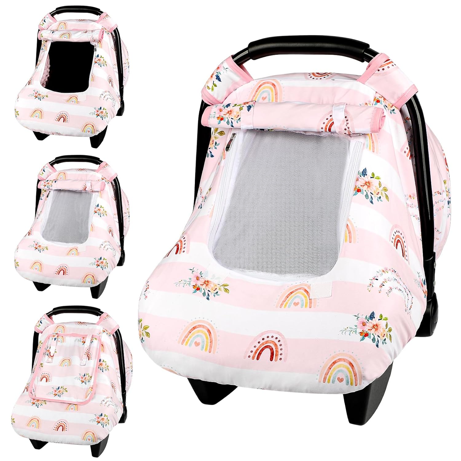 Read more about the article Pea Pod Car Seat Cover Baby, Infant Car Seat Canopy Covers for Newborn with 2 Layers Windows of Breathable Mesh Fabric, Lightweight Polyester/Soft Minky Dot Backing (Floral & Rainbow)